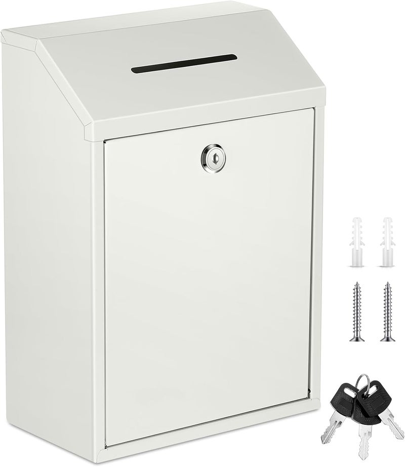 Yaocom Metal Money Donation Cash Box Collection Safe Suggestion Box with Lock Wall Mounted Mailbox Delivery Ballot Container for Home Office Outdoor Farmstand(White,11.81 x 8.58 x 4.72 Inch) - Image 1